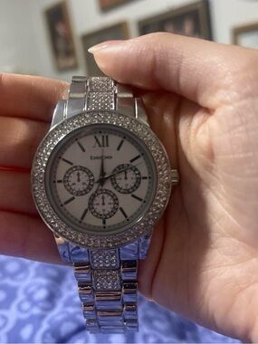 bebe Silver Tone Crystal Bracelet Watch with White Dial